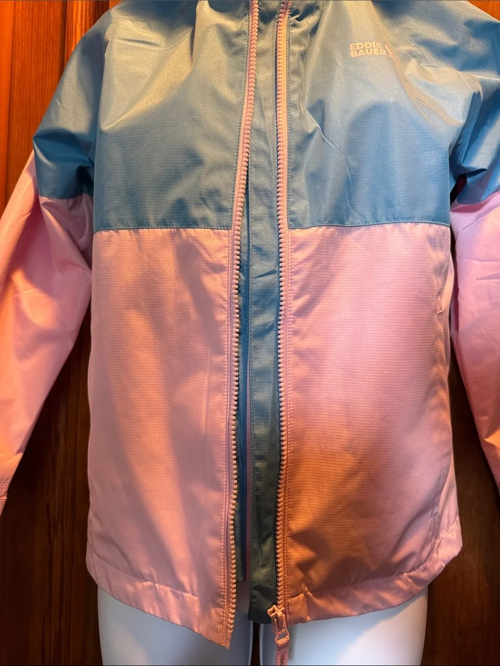 Eddie Bauer Two-Tone Hooded Rain Jacket in Light Blue and Pink